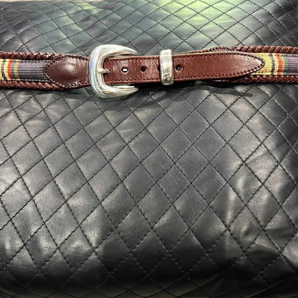 BRIGHTON SANTOS Fabric & Laced Leather Belt Men’s Brown Leather Silver Buckle 42